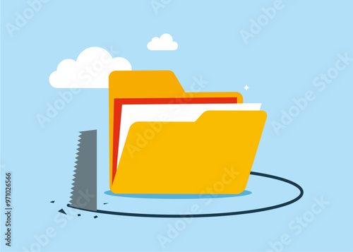 Fraud and bad organize document files into archive folders. Folder theft or files folder and mistaken cost steal expensive data transfer. Flat vector illustration