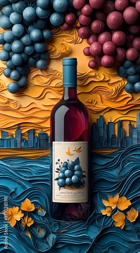 Simple paper cut style in blue, rich wine red and golden yellow tones. Vector illustration of wine bottle and wine glass with Shanghai Pudong buildings in the background. Surrounded by grapes. White b