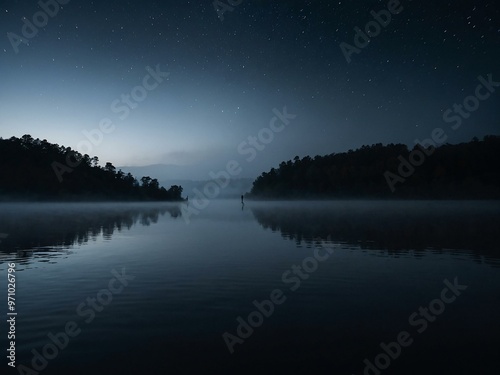 A misty figure floats near a dark, still lake at midnight.