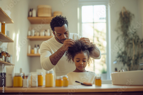 Black father doing his daughter's hairstyle. Dad doing his baby's afro hair in the bathroom. Fatherhood.