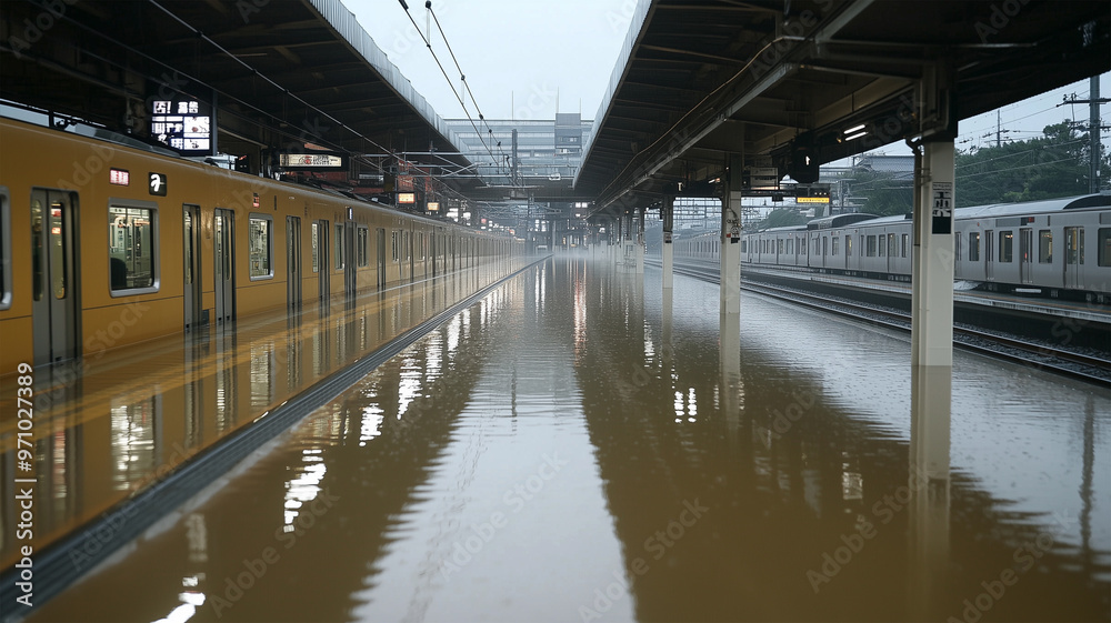 台風で増水した駅 台風で増水した駅