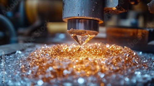 A detailed view of a diamond being expertly cut in a jewelry workshop, surrounded by sparkling remnants photo