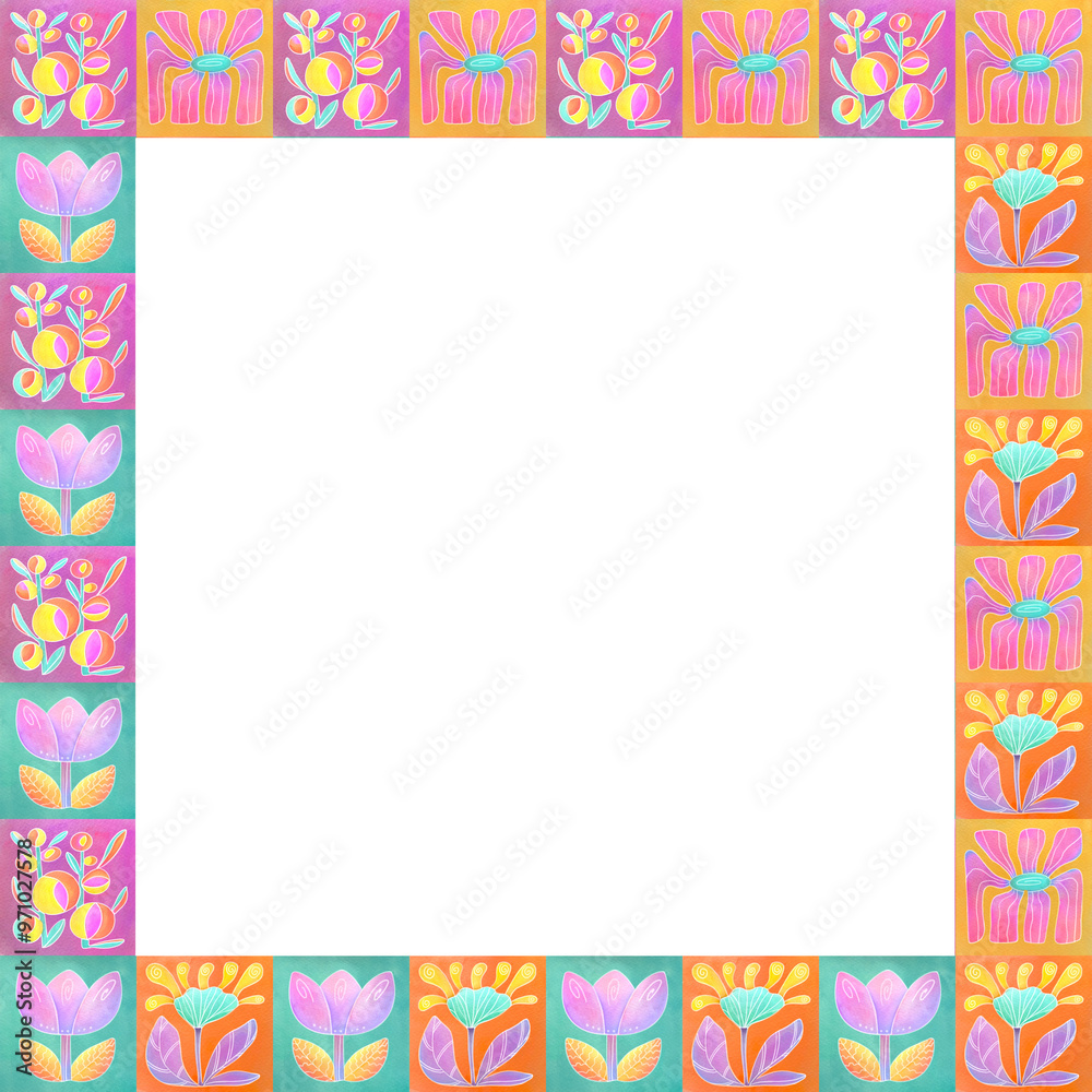 70s retro style botanical frame, watercolor groovy flowers border on transparent copy space background. fantastic Bright unusual plants 70s retro style botanical frame, watercolor groovy flowers border on transparent copy space background. fantastic Bright unusual plants
