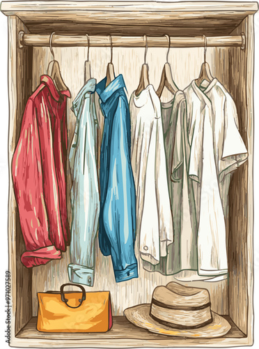 Stylish Wardrobe with Colorful Shirts and Accessories
