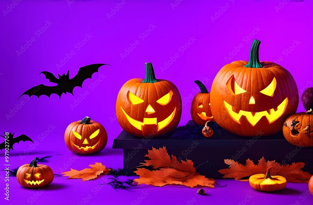 Carved pumpkins and bats on purple background for Halloween. Carved pumpkins and bats on purple background for Halloween.