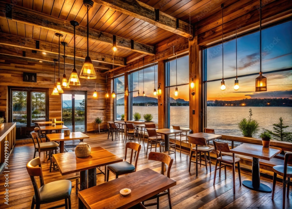 Cozy coffee shop with rustic wooden decor and warm lighting, located in Marinette, Wisconsin, with a stunning waterfront view on a crisp morning. Cozy coffee shop with rustic wooden decor and warm lighting, located in Marinette, Wisconsin, with a stunning waterfront view on a crisp morning.