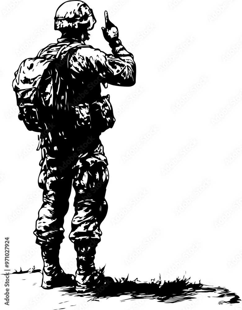 Fototapeta premium Silhouette of a Soldier Pointing in Military Gear