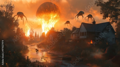 A peaceful town is attacked by alien creatures. burnt house The sky lit up with an explosion