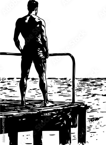 Vector Illustration of a Man Gazing at the Ocean