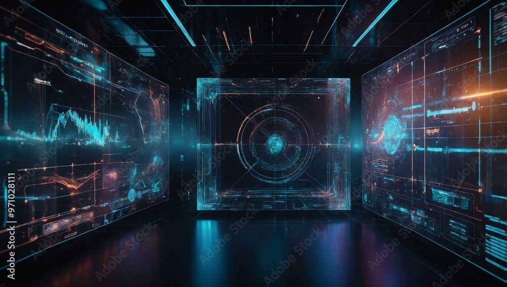 Advanced Holographic Interface with 3D Data Visuals - Dynamic Digital Art Piece for User Interface Technology Advanced Holographic Interface with 3D Data Visuals - Dynamic Digital Art Piece for User Interface Technology