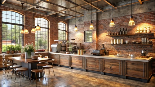 Cozy industrial-chic coffee shop with reclaimed wood accents, exposed brick walls, and sleek metallic fixtures, filled with warm natural light and aromatic coffee scents. photo