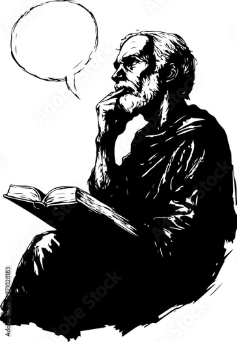 Pensive Scholar with Book and Speech Bubble Illustration