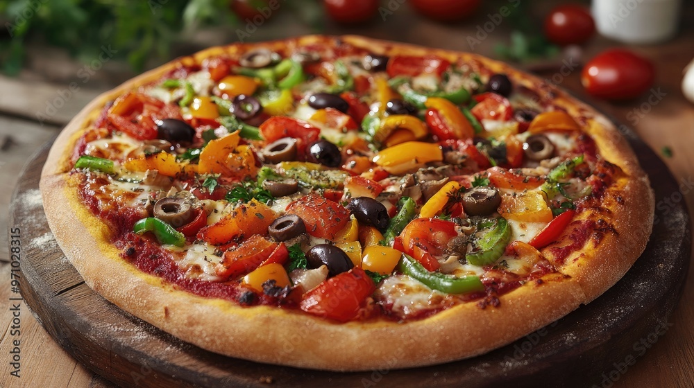 A freshly baked veggie pizza loaded with colorful toppings like bell peppers, tomatoes, and olives, served on a rustic wooden table.