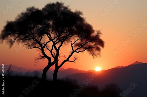 Atmospheric landscape.. Silhouette of a Tree at Sunset Over Mountains. 