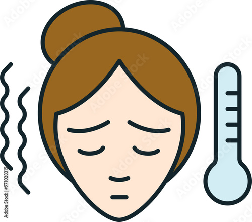 Sick woman suffering from fever showing thermometer icon