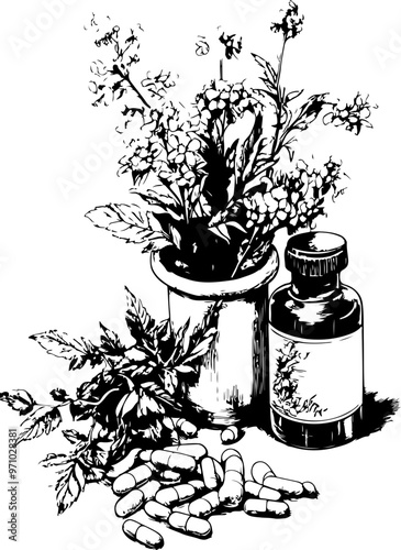 Botanical Illustration with Herbs and Medicine Bottle