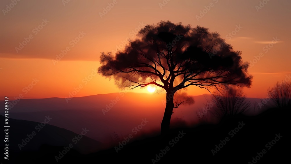Fototapeta premium Atmospheric landscape.. Silhouette of a Tree at Sunset Over Mountains.
