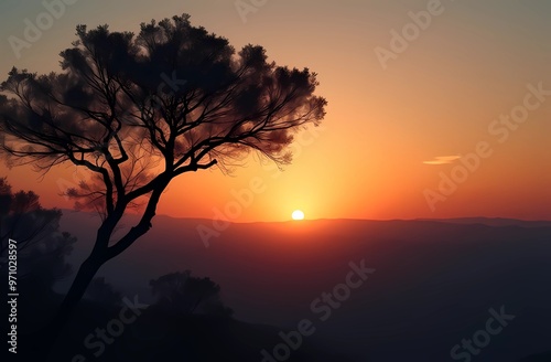 Atmospheric landscape.. Silhouette of a Tree at Sunset Over Mountains. 