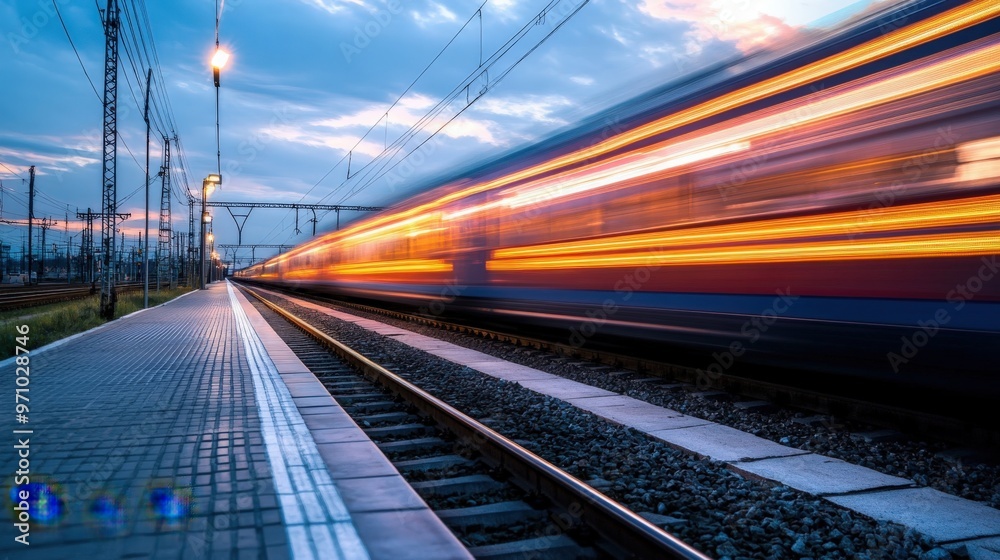 Fototapeta premium High speed passenger train in motion on railroad at sunset. Blurred commuter train. Railway station against sunny sky. Railroad travel, railway tourism. Rural industrial landscape. Concept