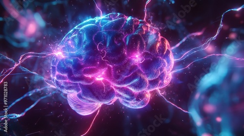 Brain surrounded by glowing electrons, orbiting rapidly in a conceptual portrayal of thought, energy, and idea formation photo