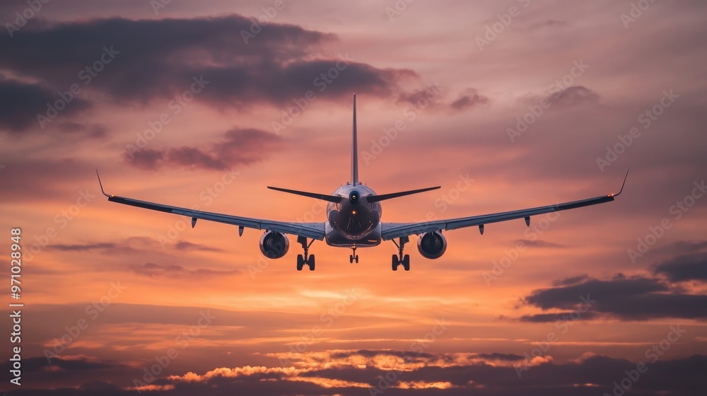 Passenger plane is landing during a wonderful sunrise. Passenger plane is landing during a wonderful sunrise.