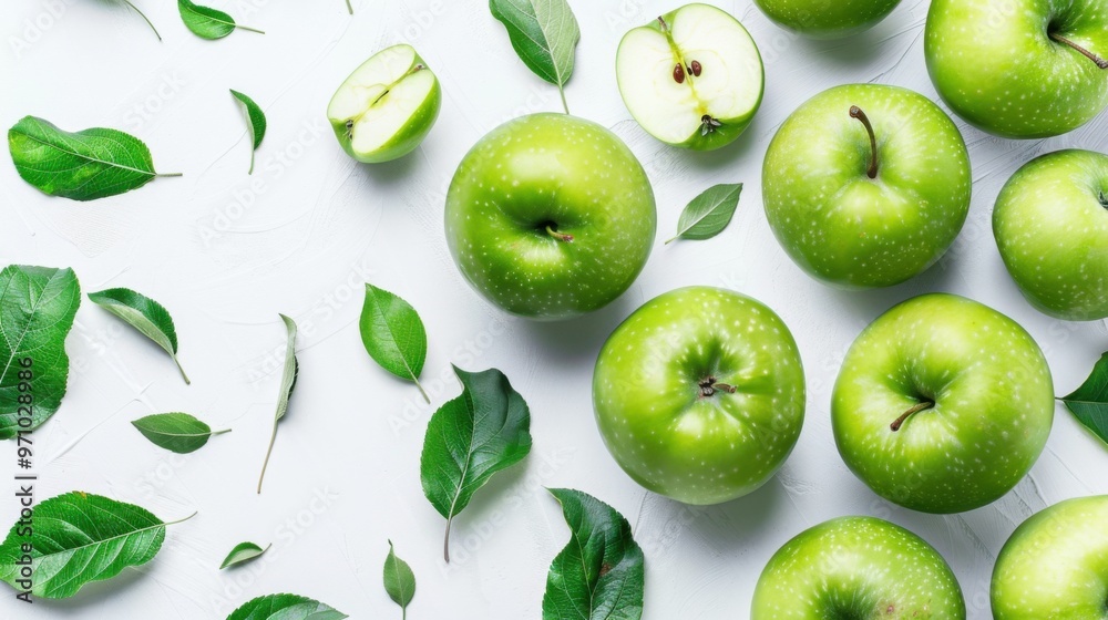 Fresh green apples with leaves on white background Fresh green apples with leaves on white background