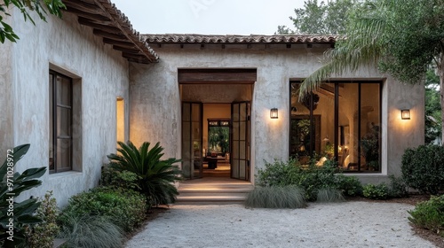 Rustic chic villa showcasing a beautifully designed entrance flanked by lush vegetation and decorative lanterns, portraying a timeless blend of elegance and natural charm. photo