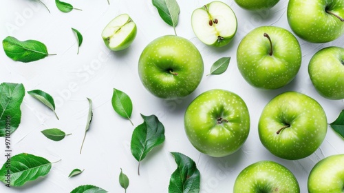 Wallpaper Mural Fresh green apples with leaves on white background Torontodigital.ca