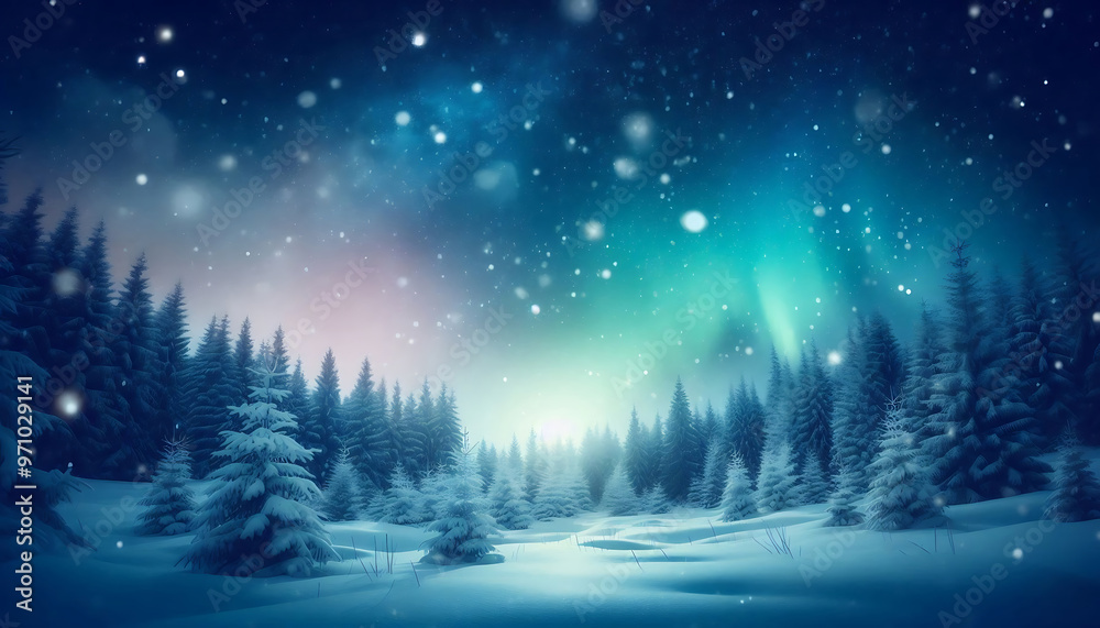 Winter landscape featuring a dense forest of snow covered pine trees under a night sky with stars