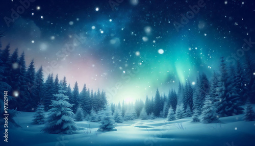 Winter landscape featuring a dense forest of snow covered pine trees under a night sky with stars