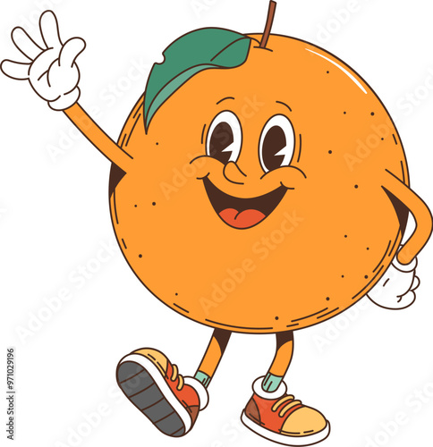 Cartoon groovy tangerine retro character with a big smile, waving hand. Isolated vector ripe and cheerful tropical orange or mandarin citrus fruit personage, wearing sneakers and a leaf on its head
