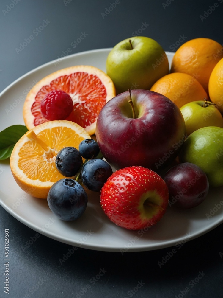 Assorted fruits neatly arranged on a platter. Assorted fruits neatly arranged on a platter.