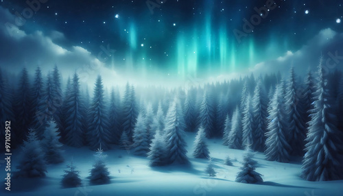 Winter landscape featuring a dense forest of snow covered pine trees under a night sky with stars