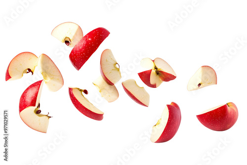 Fresh, ripe apple and banana slices on white background