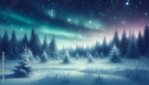 Winter landscape featuring a dense forest of snow covered pine trees under a night sky with stars