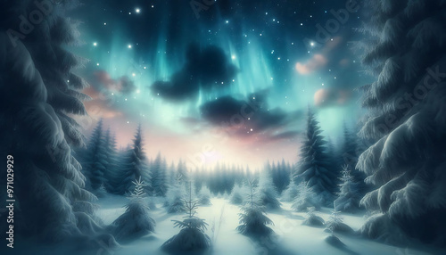 Winter landscape featuring a dense forest of snow covered pine trees under a night sky with stars