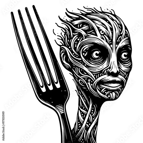 Surreal humanoid figure with fork in black and white illustration. Vector, generative ai.
