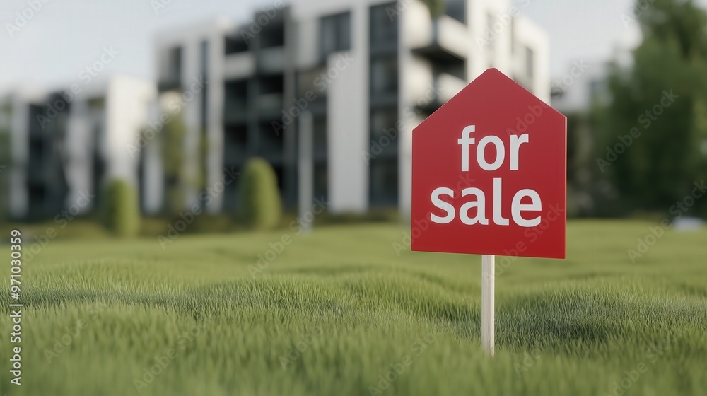 Contemporary family home for sale with red sign in modern suburban neighborhood Contemporary family home for sale with red sign in modern suburban neighborhood