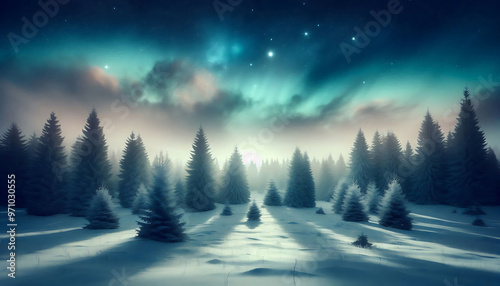 Winter landscape featuring a dense forest of snow covered pine trees under a night sky with stars