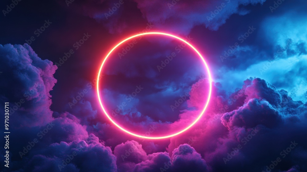 Glowing neon circular frame floating in a stormy sky with illuminated clouds, creating a surreal and futuristic aesthetic Glowing neon circular frame floating in a stormy sky with illuminated clouds, creating a surreal and futuristic aesthetic