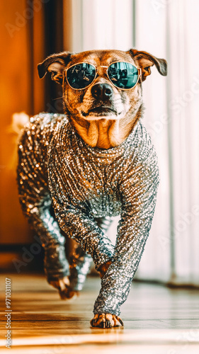 Stylish Dog in Sequin Jacket and Sunglasses Strutting Indoors photo