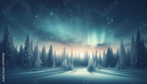 Winter landscape featuring a dense forest of snow covered pine trees under a night sky with stars