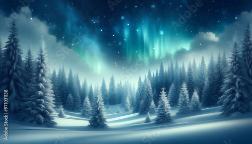 Winter landscape featuring a dense forest of snow covered pine trees under a night sky with stars