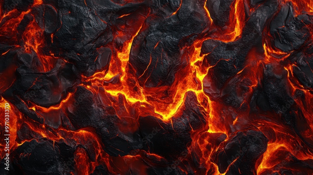 Magma texture with glowing fiery rocks and intense red-orange melting flows, creating a dynamic abstract background
