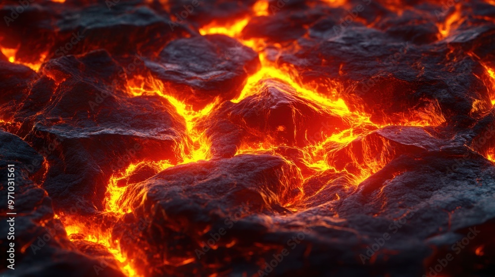 Magma texture with glowing fiery rocks and intense red-orange melting flows, creating a dynamic abstract background