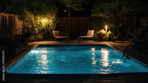 A backyard pool at night illuminated with soft lights, with reflections on the water creating a calm atmosphere