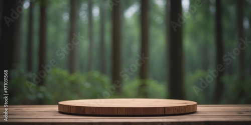 A round wooden platform with a forest in the background. photo