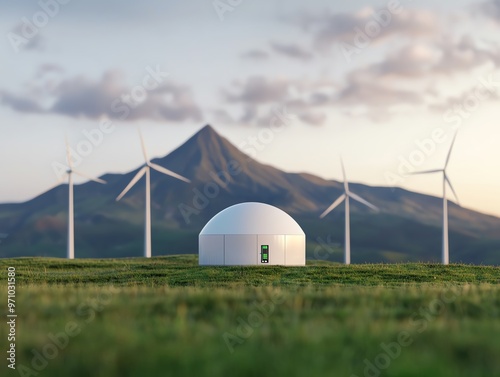 Power distribution hub managing wind energy efficiency across a futuristic landscape