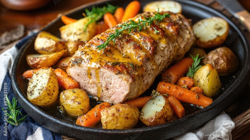 A juicy pork tenderloin drizzled with mustard glaze, accompanied by roasted carrots and potatoes, perfectly presented for a hearty meal. A juicy pork tenderloin drizzled with mustard glaze, accompanied by roasted carrots and potatoes, perfectly presented for a hearty meal.