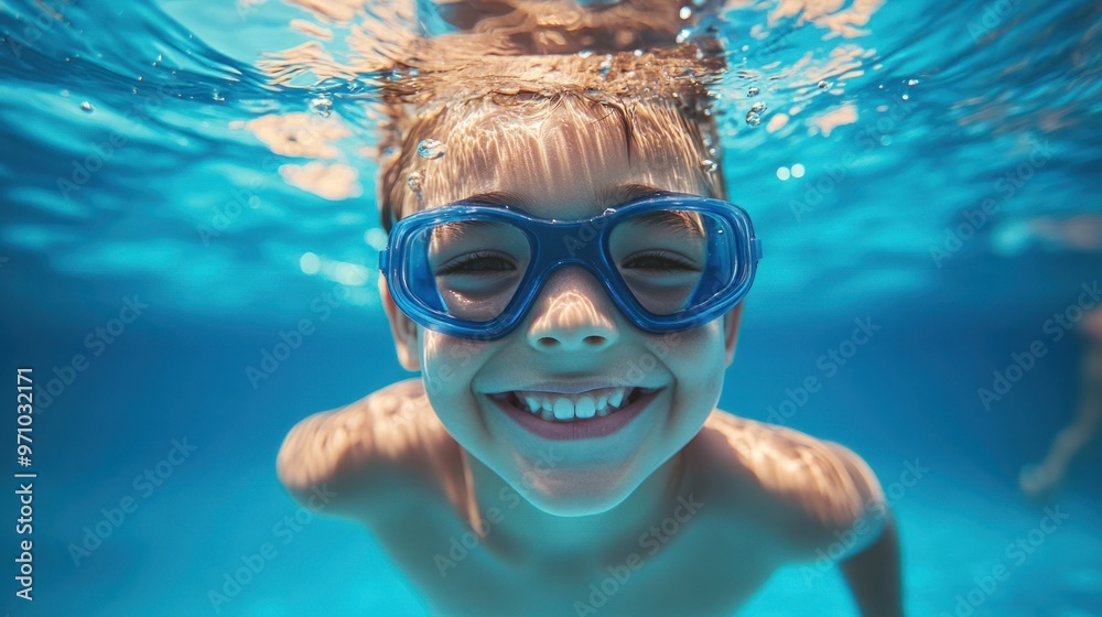 Naklejka premium A child wearing goggles, smiling underwater while swimming in a bright blue pool